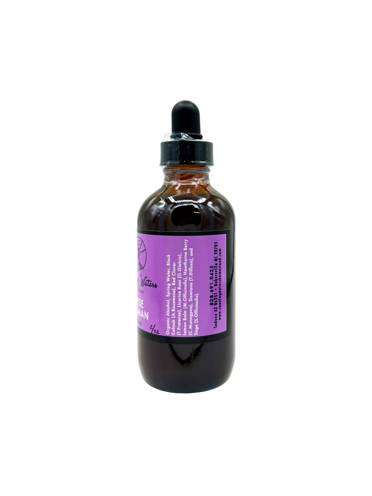 An amber glass dropper bottle with a black dropper cap and a purple label, containing a dark liquid, photographed against a plain white background.