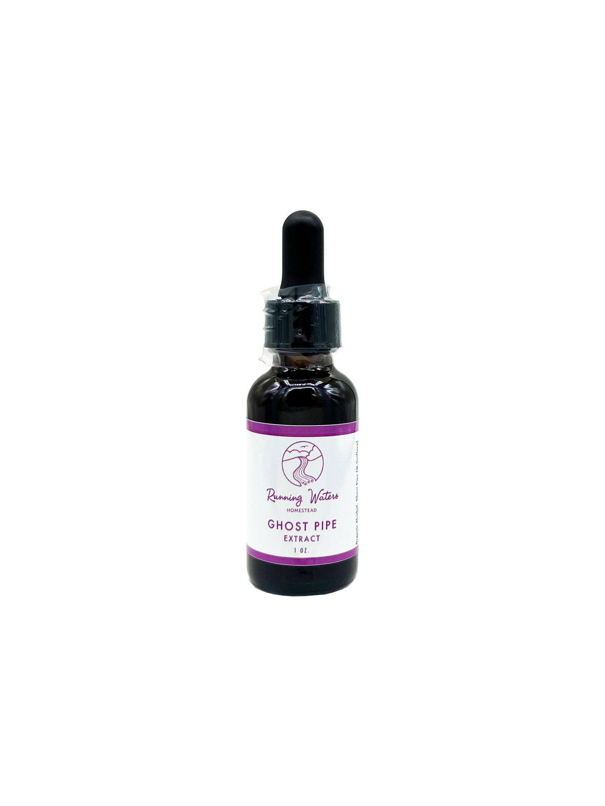 A 7ml amber glass dropper bottle of Running Waters Apothecary Ghost Pipe Extract, featuring a white label with purple text and a black dropper cap, set against a plain white background.