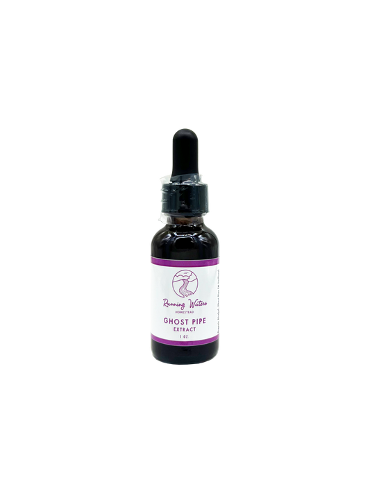 A 7ml amber glass dropper bottle of Running Waters Apothecary Ghost Pipe Extract, featuring a white label with purple text and a black dropper cap, set against a plain white background.