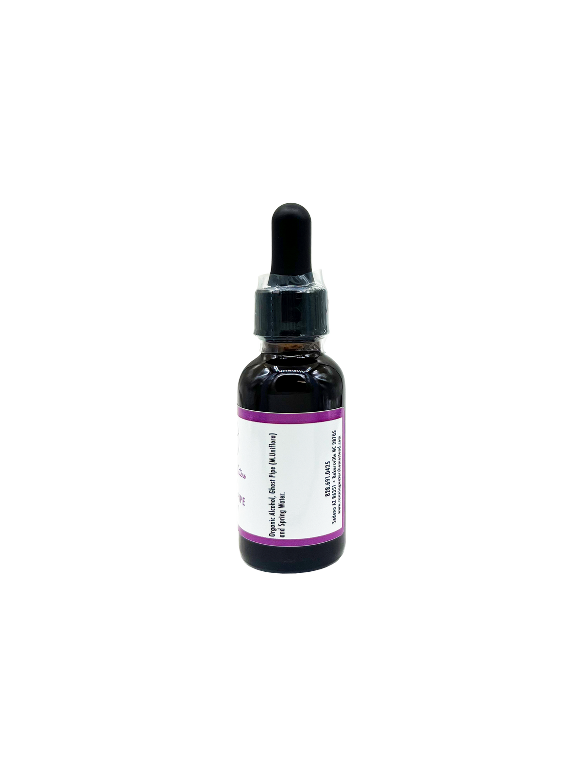 A small amber glass dropper bottle with a black rubber bulb and black dropper cap, featuring a white label with a purple border and black text, centered on a plain white background.