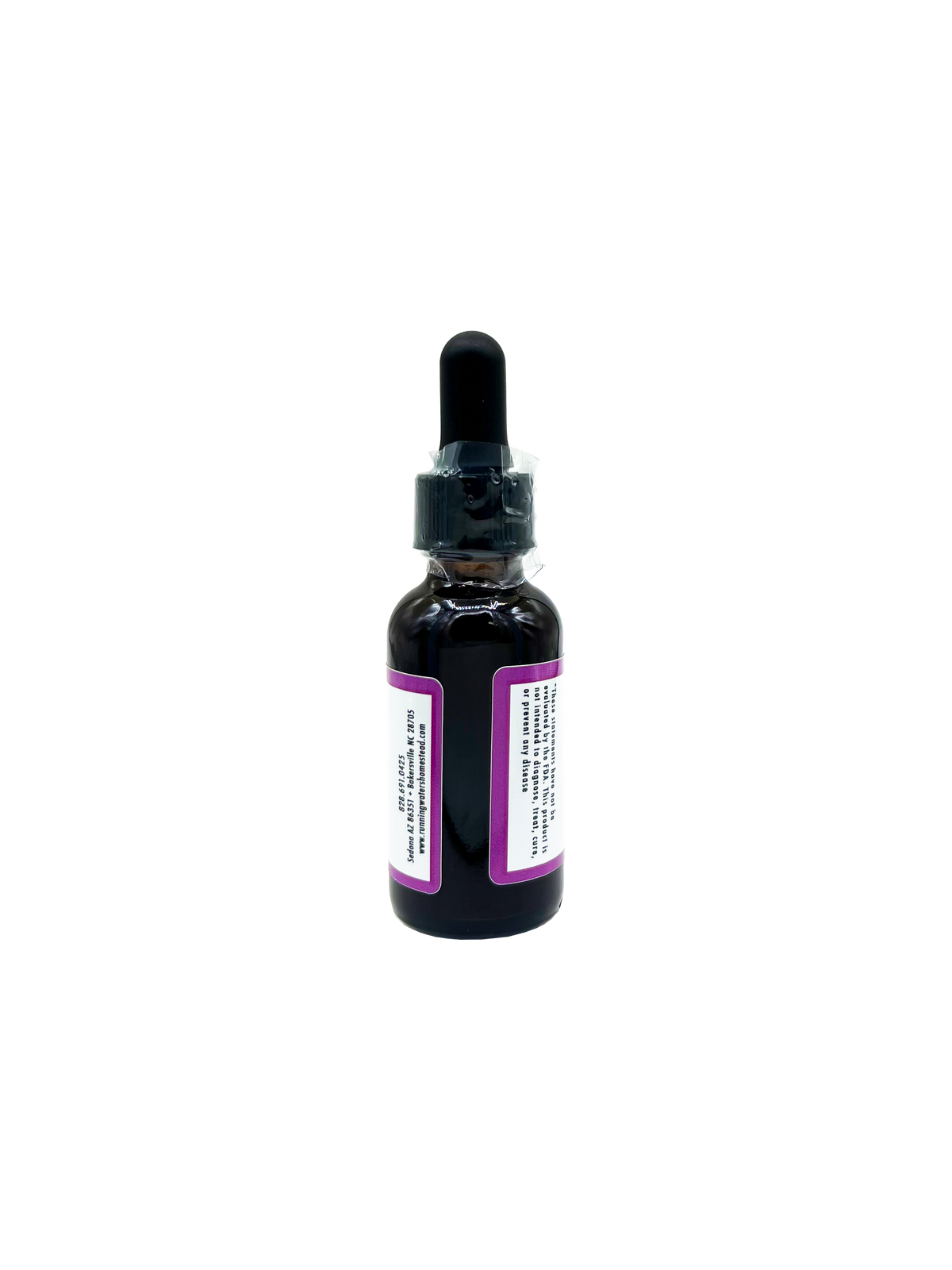 A small amber glass dropper bottle with a black rubber pipette top and white labels with purple borders, shown on a plain white background.