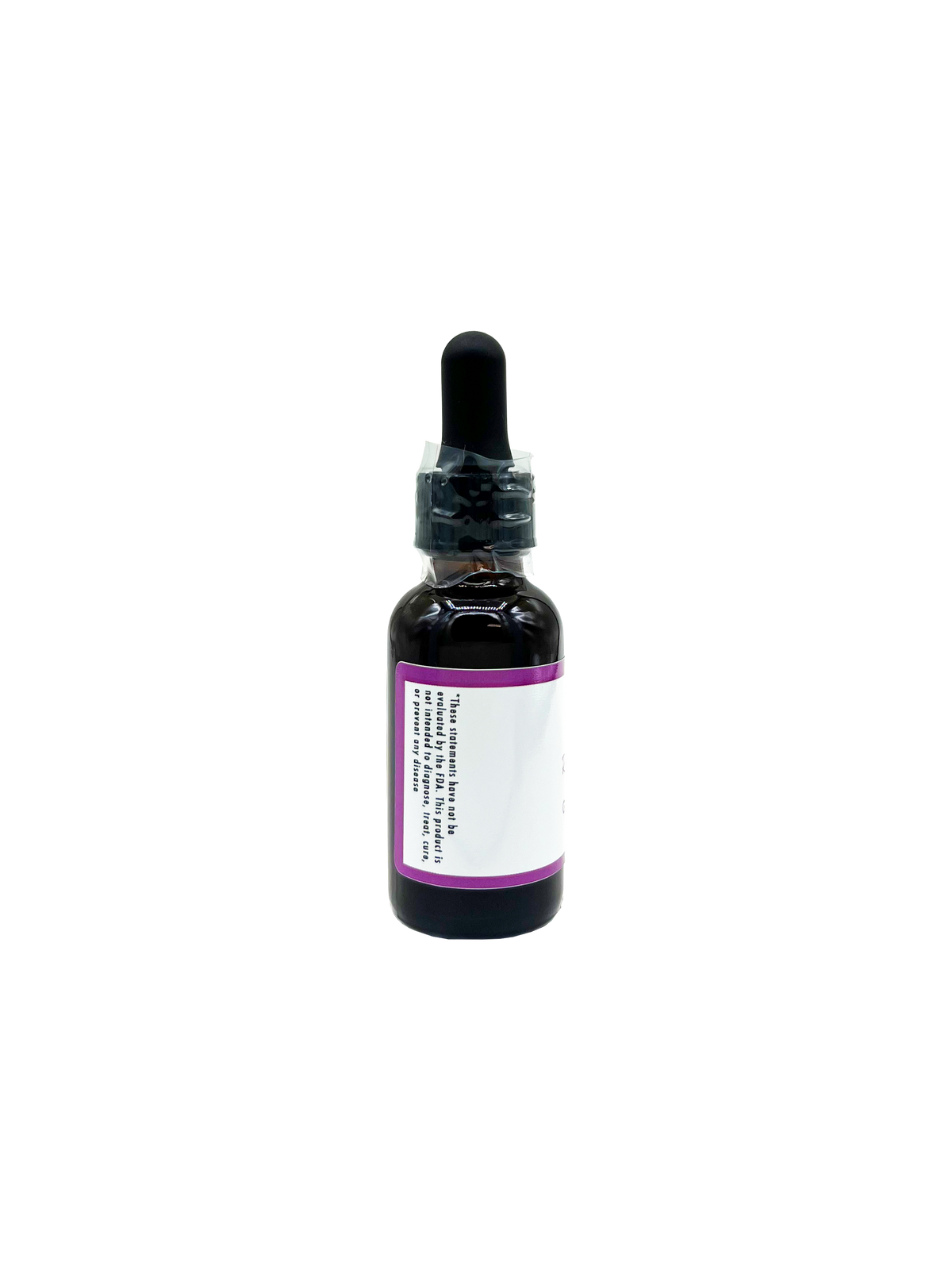 A small amber glass dropper bottle with a black rubber pipette top and a blank white label featuring a purple border, isolated on a white background.