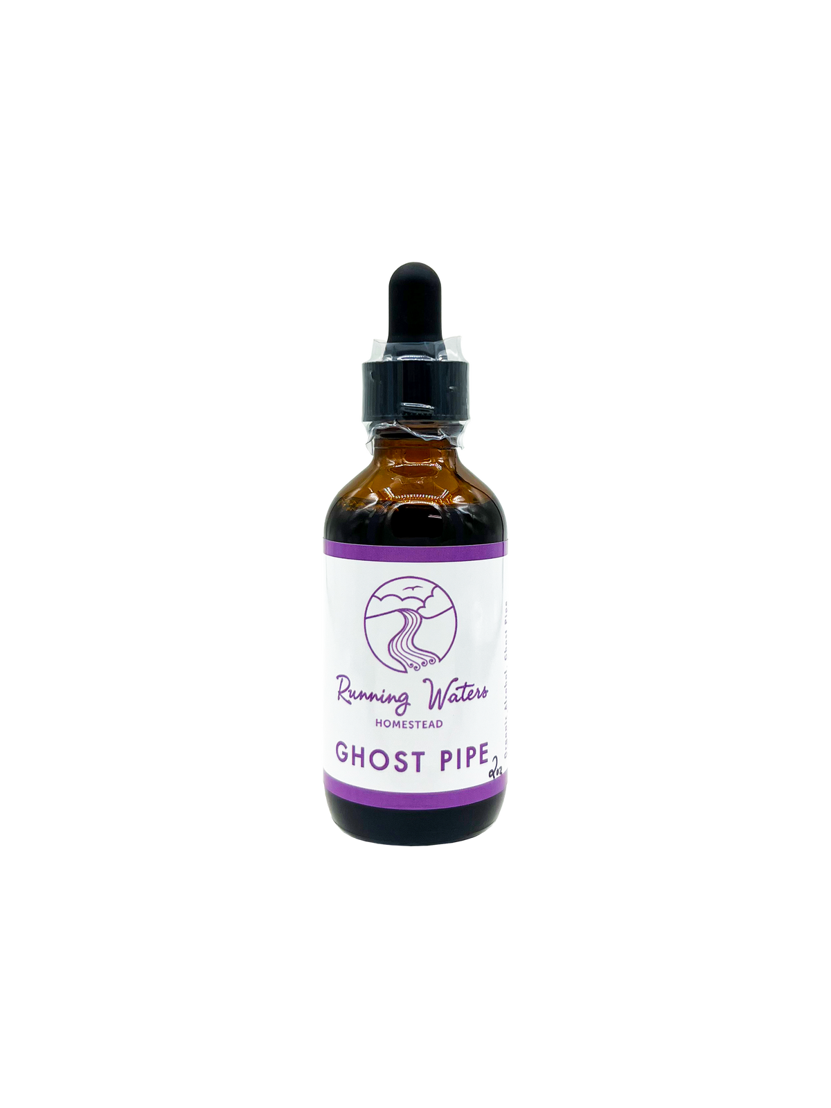 An amber glass dropper bottle of Running Water Homestead Ghost Pipe with a white and purple label, set against a plain white background.