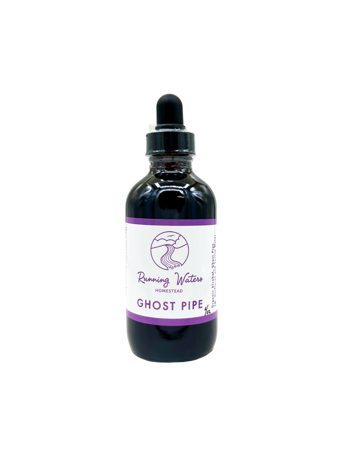 A dark glass dropper bottle of Running Waters Homestead Ghost Pipe with a white and purple label, set against a plain white background.