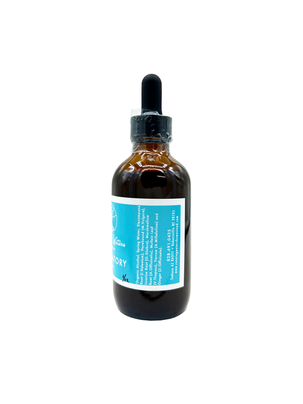 An amber glass dropper bottle with a black rubber bulb and a bright blue label, shown against a plain white background.
