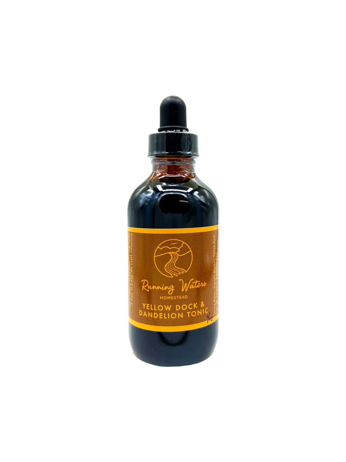 An amber glass dropper bottle of Running Waters Naturals Yellow Dock & Dandelion Tonic, featuring a black dropper cap and a brown label with gold text, isolated on a white background.