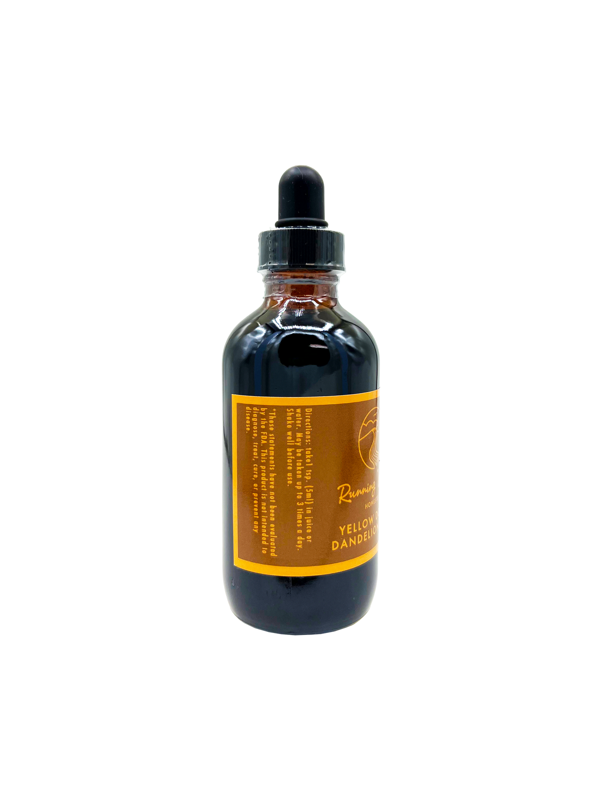 An amber glass dropper bottle with a black rubber and plastic dropper cap, featuring a prominent orange label with yellow text, set against a plain white background.