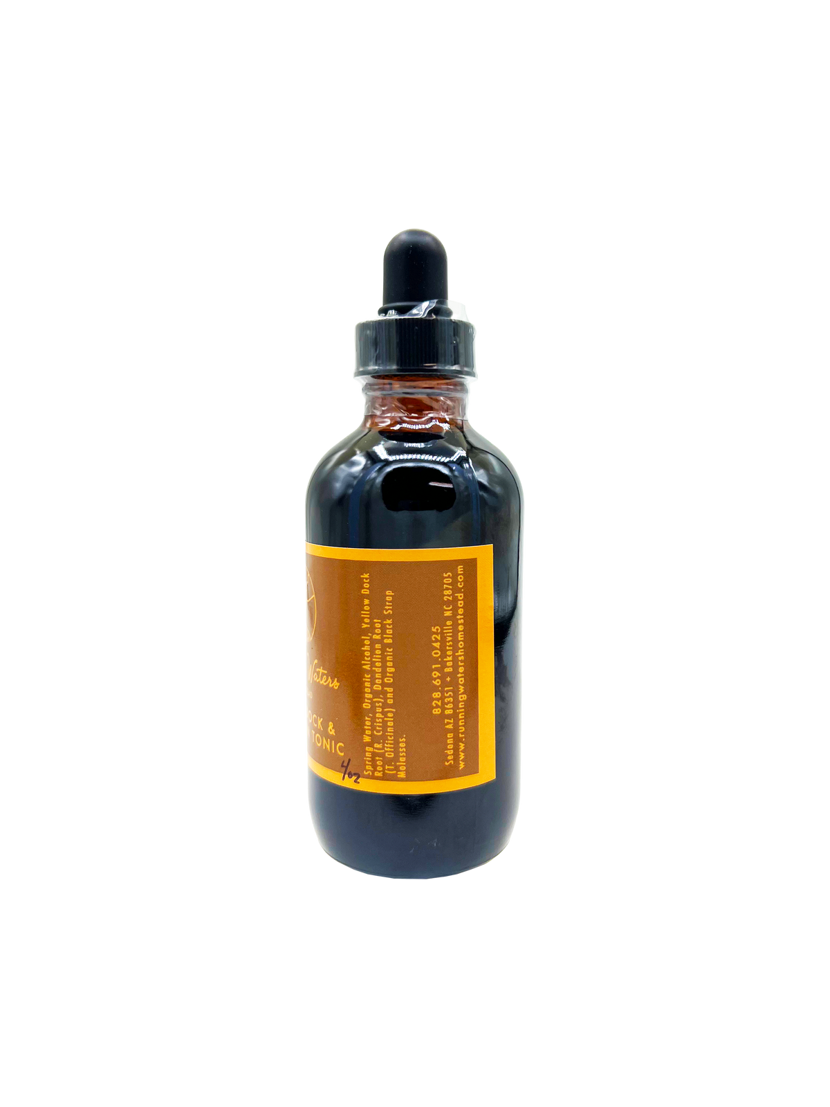 A dark amber glass dropper bottle with a black rubber bulb top and a prominent orange label, shown against a plain white background.
