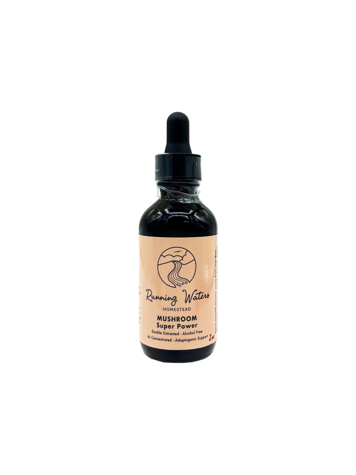 A dark amber glass dropper bottle of Running Water Homestead Mushroom Super Power liquid supplement, featuring a beige label and black dropper cap, isolated on a white background.