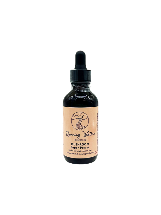 A dark amber glass dropper bottle of Running Water Homestead Mushroom Super Power liquid supplement, featuring a beige label and black dropper cap, isolated on a white background.