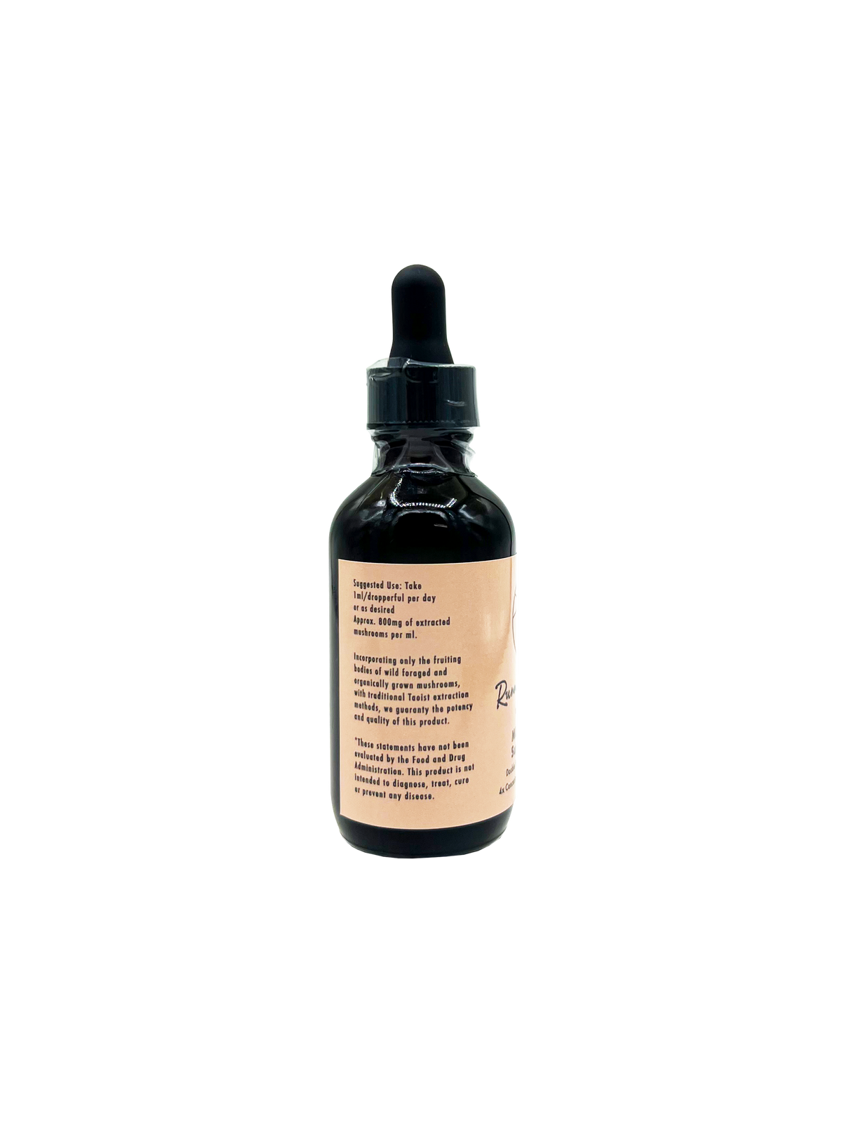 A dark amber glass dropper bottle with a black rubber bulb top and a beige paper label, shown against a plain white background.