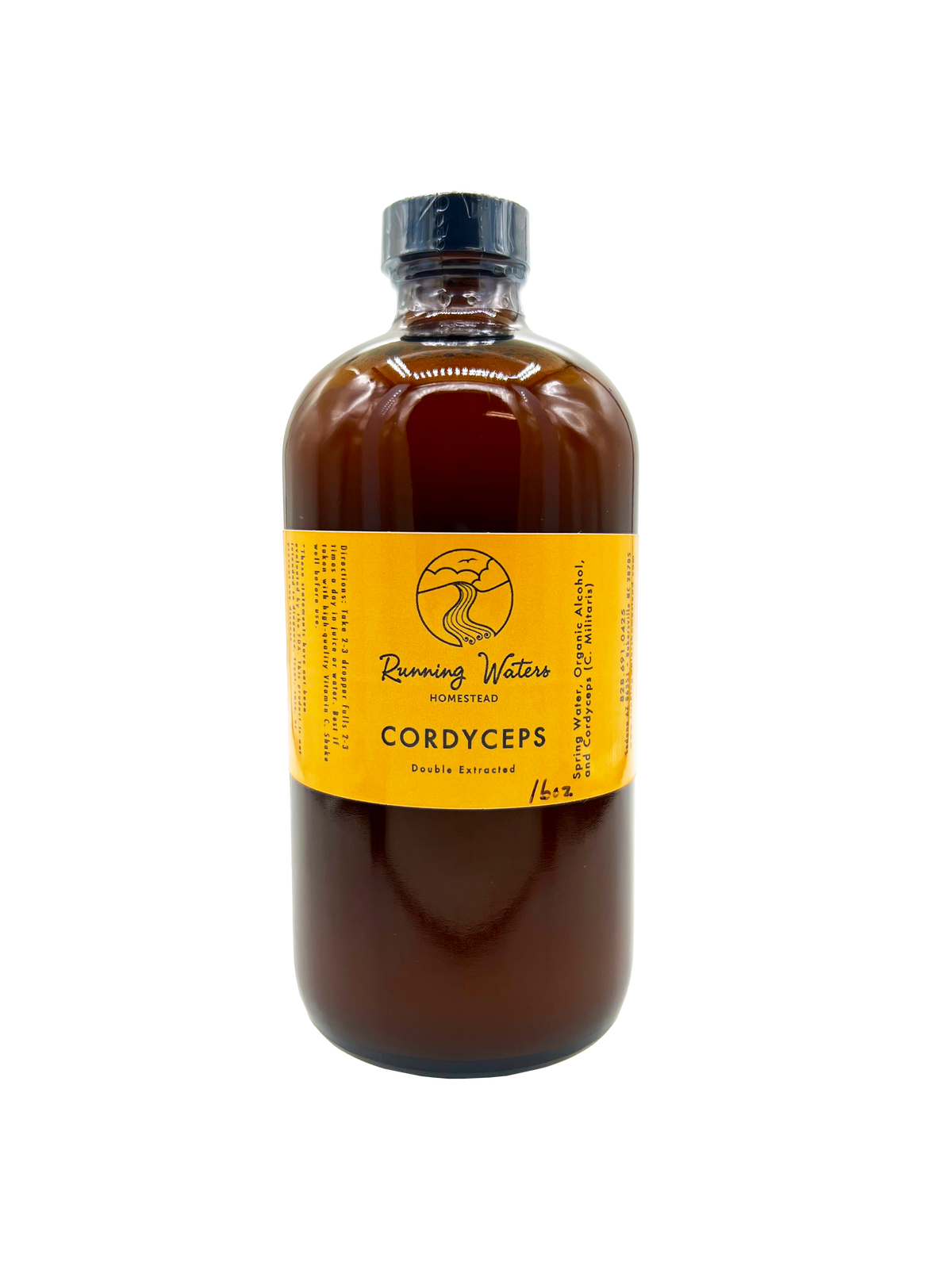 A bottle of Running Water Herbs Cordyceps liquid extract, featuring a dark amber glass bottle with a black cap and a bright yellow label.