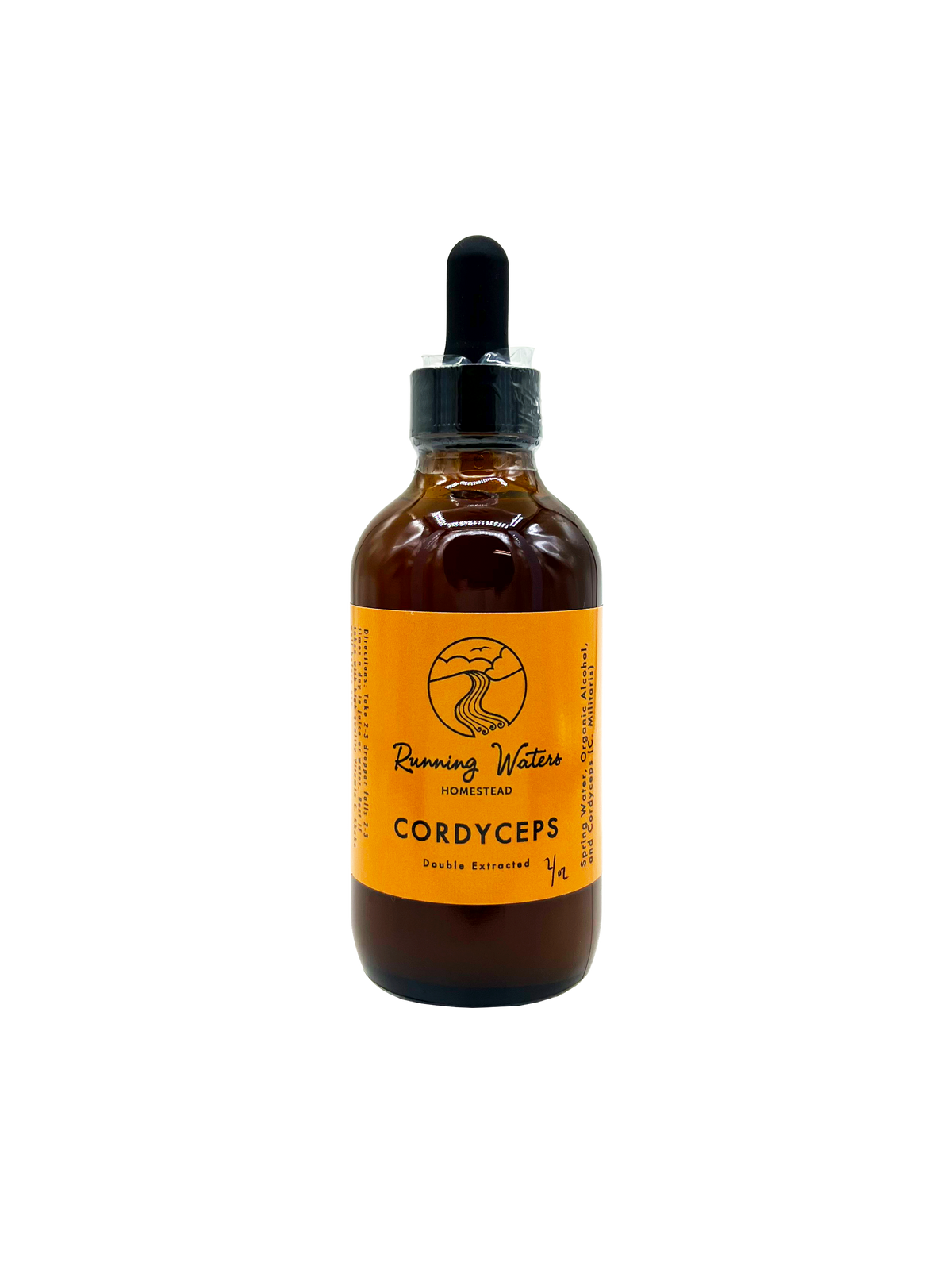 An amber glass dropper bottle of Running Water Herbs Cordyceps Double Strength liquid supplement, featuring a bright orange label and black dropper cap, set against a plain white background.