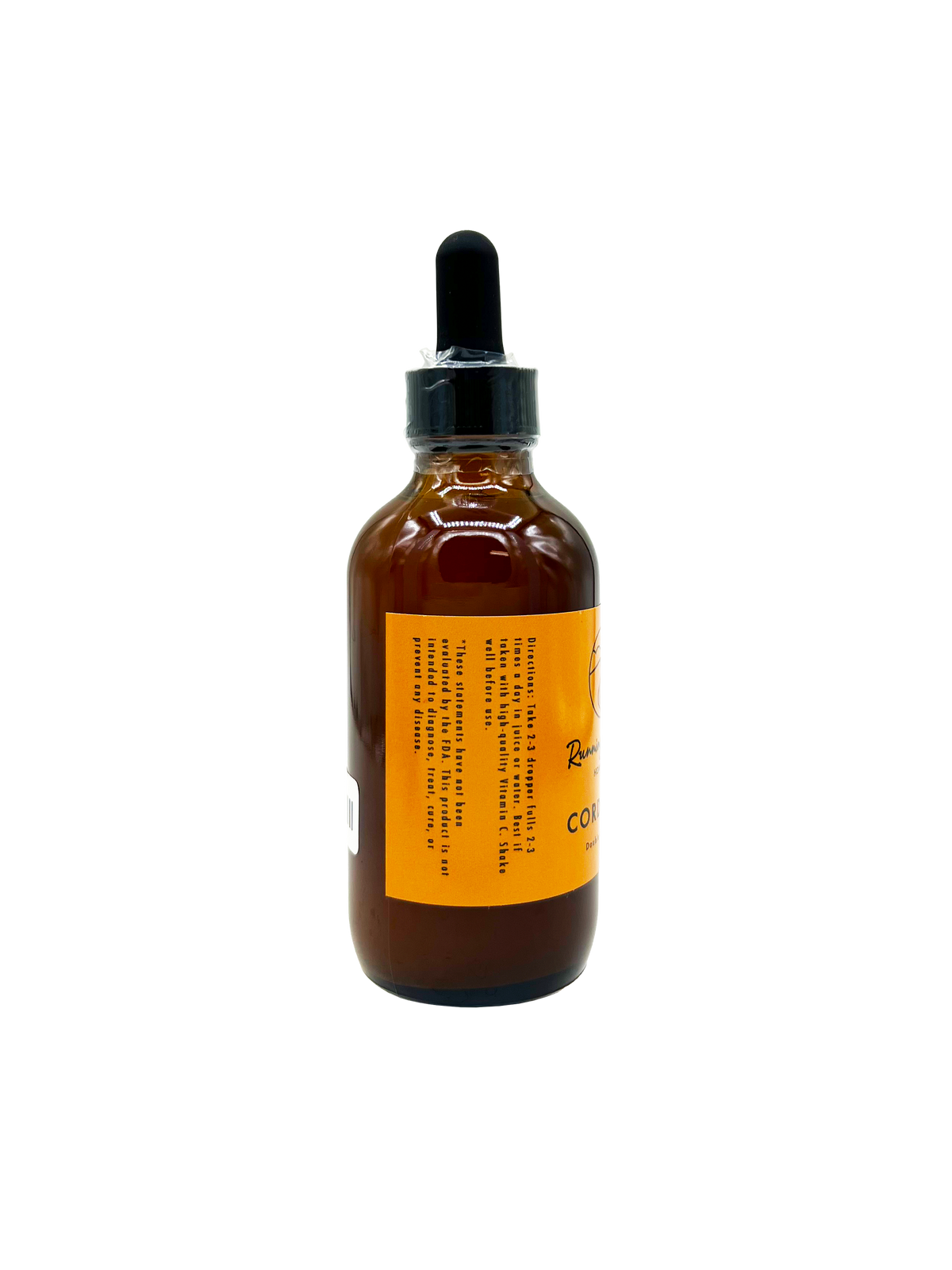 An amber glass dropper bottle with a black rubber bulb top and a bright orange label, shown against a plain white background.