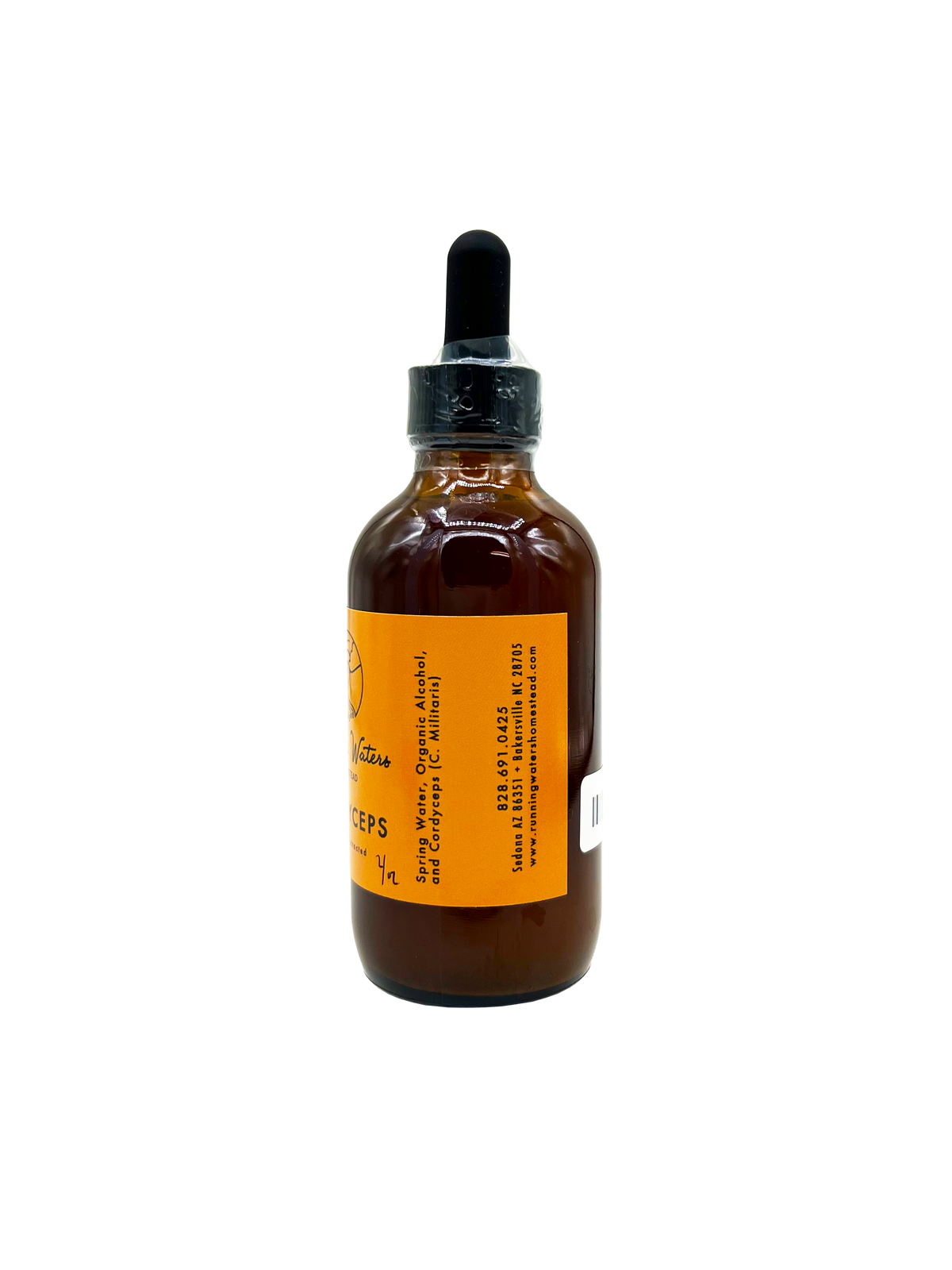 An amber glass dropper bottle with a black rubber bulb and a bright orange label, shown against a plain white background.