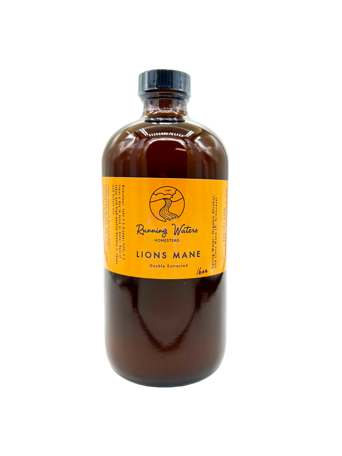 A single amber glass bottle with a black cap and a bright orange label reading 'Running Waters Remedies' and 'LIONS MANE Double Elixir,' photographed on a plain white background.