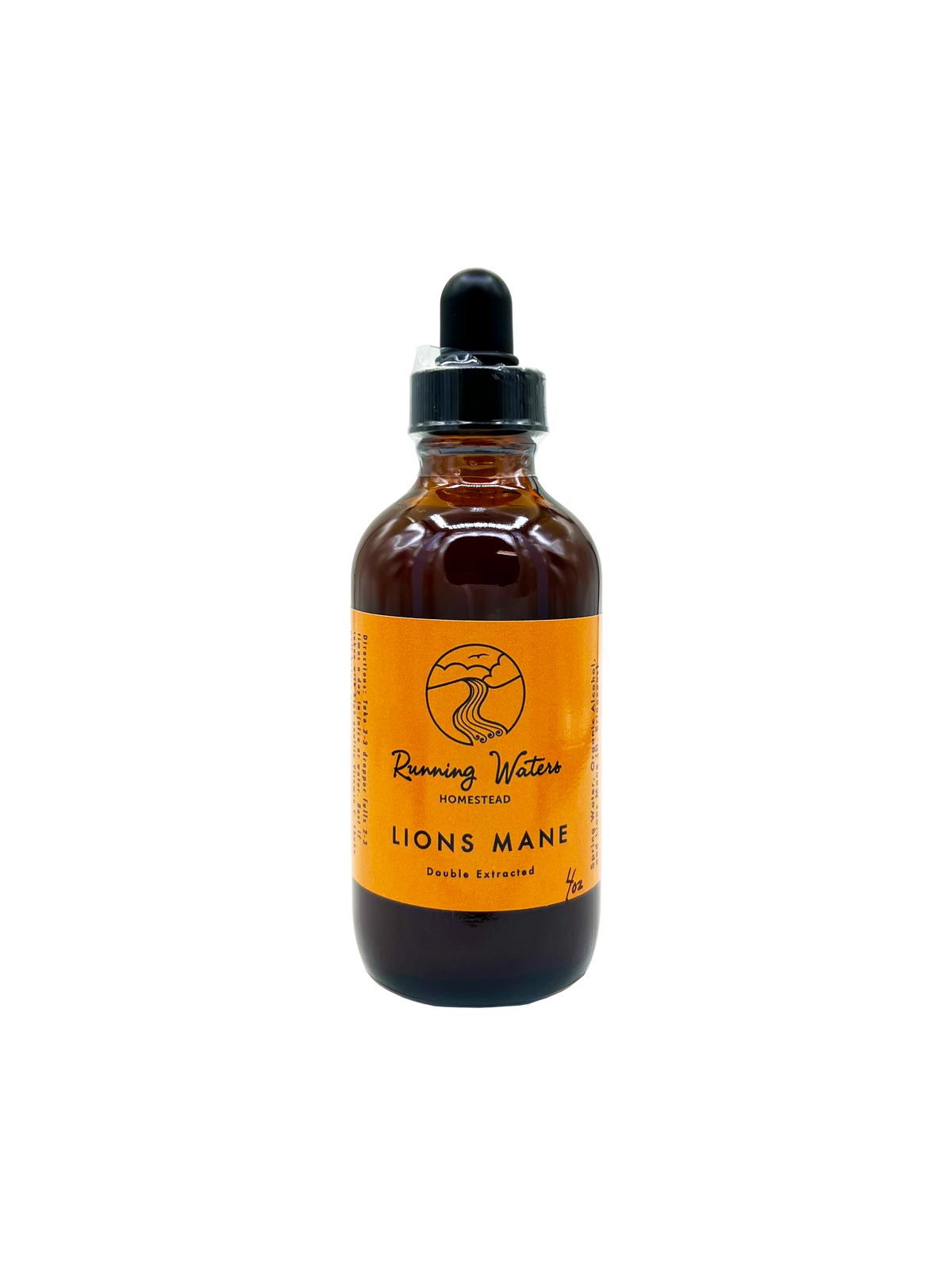 An amber glass dropper bottle with a black cap and a bright orange label reading 'Running Waters Apothecary' and 'Lions Mane'.