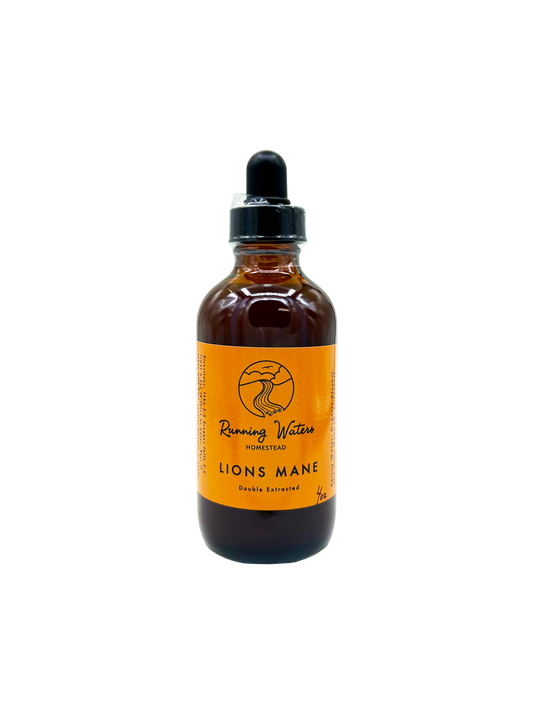 An amber glass dropper bottle with a black cap and a bright orange label reading 'Running Waters Apothecary' and 'Lions Mane'.