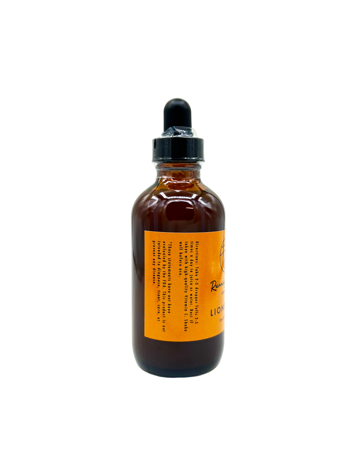 An amber glass dropper bottle with a black cap and a bright orange label, shown against a plain white background.