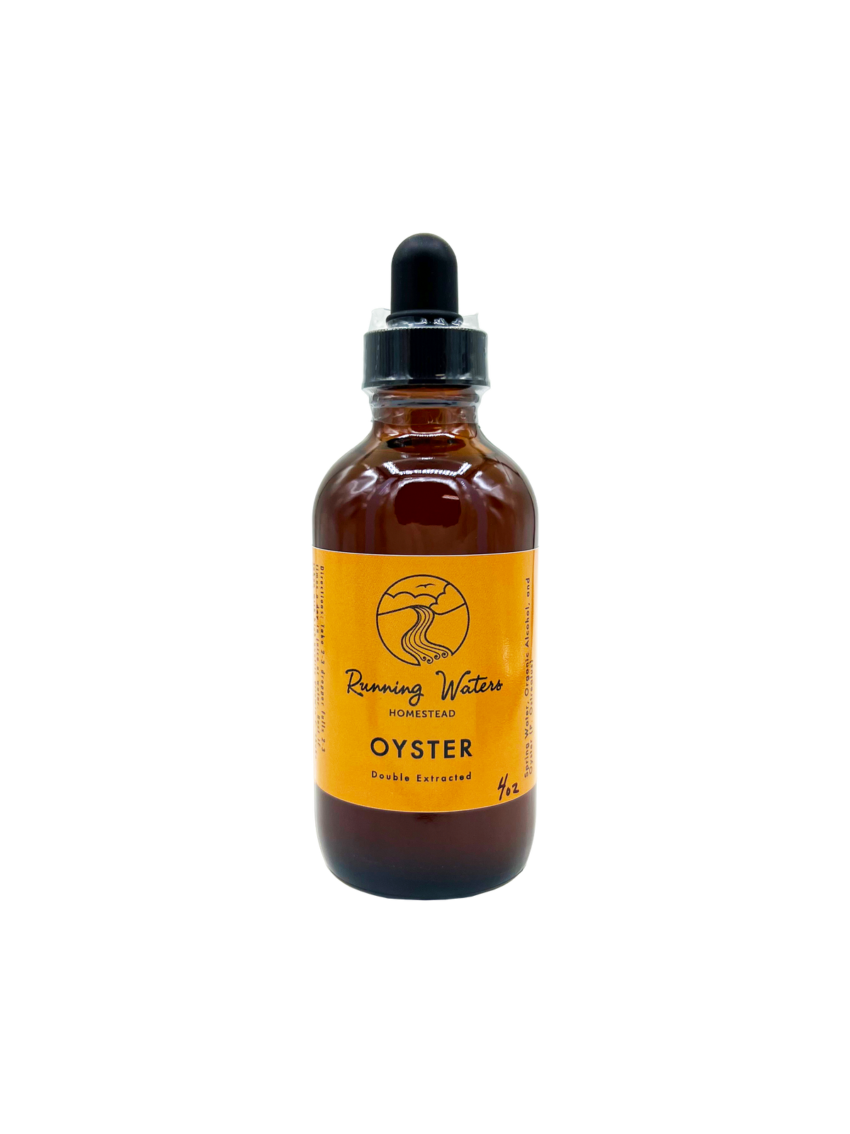 An amber glass dropper bottle with a black cap and a bright yellow label reading 'Running Waters Organic Oyster Double Extracted'.