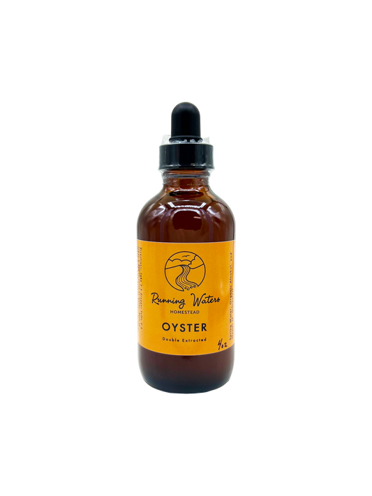 An amber glass dropper bottle with a black cap and a bright yellow label reading 'Running Waters Organic Oyster Double Extracted'.