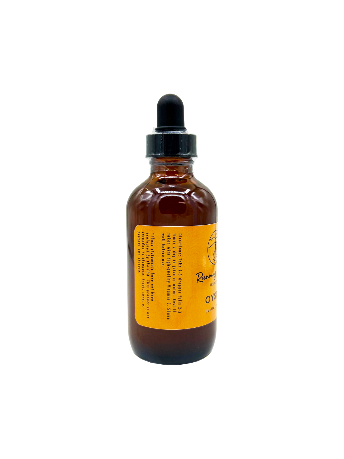 An amber glass dropper bottle with a black dropper cap and a bright yellow label, shown on a plain white background.