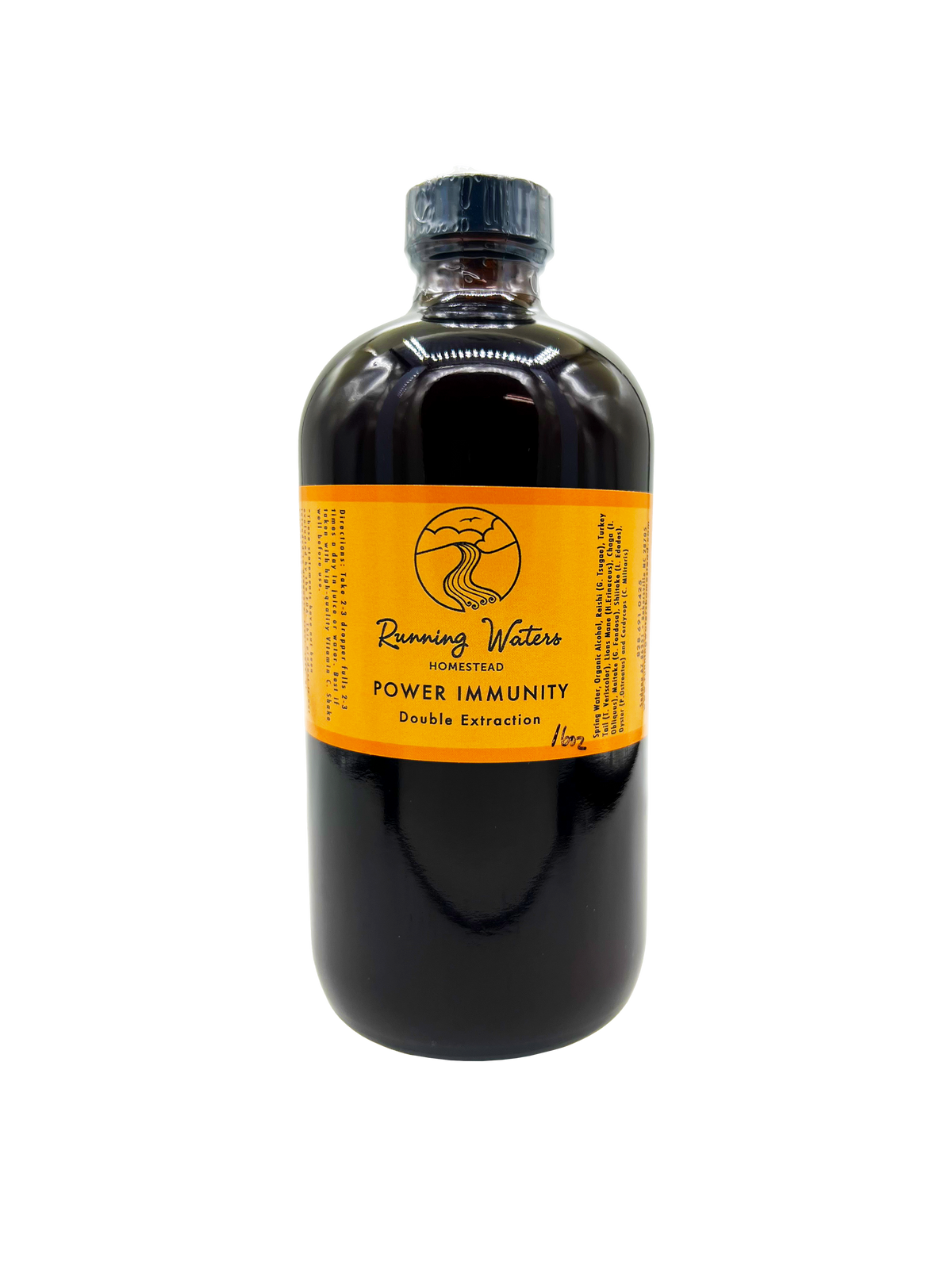 A 16oz dark amber glass bottle of Running Water Organics Power Immunity Double Extract, featuring a bright orange label and a black screw cap, set against a plain white background.