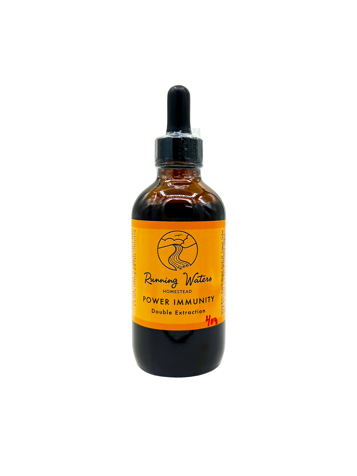 A dark amber glass dropper bottle of Running Water Steam Power Immunity Double Extractor with a bright orange label and black dropper cap, isolated on a white background.