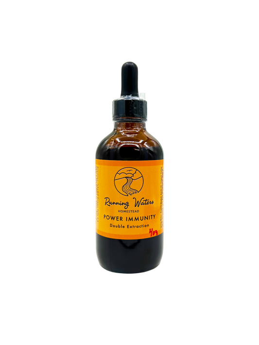 A dark amber glass dropper bottle of Running Water Steam Power Immunity Double Extractor with a bright orange label and black dropper cap, isolated on a white background.