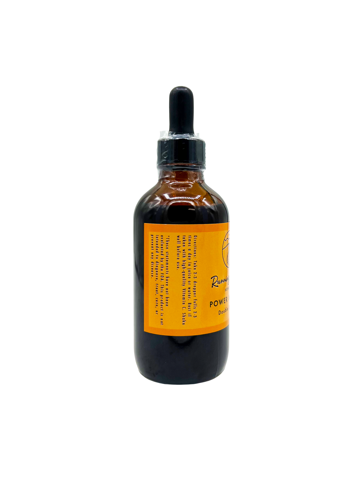 An amber glass dropper bottle with a black cap and a bright orange label, shown against a plain white background.