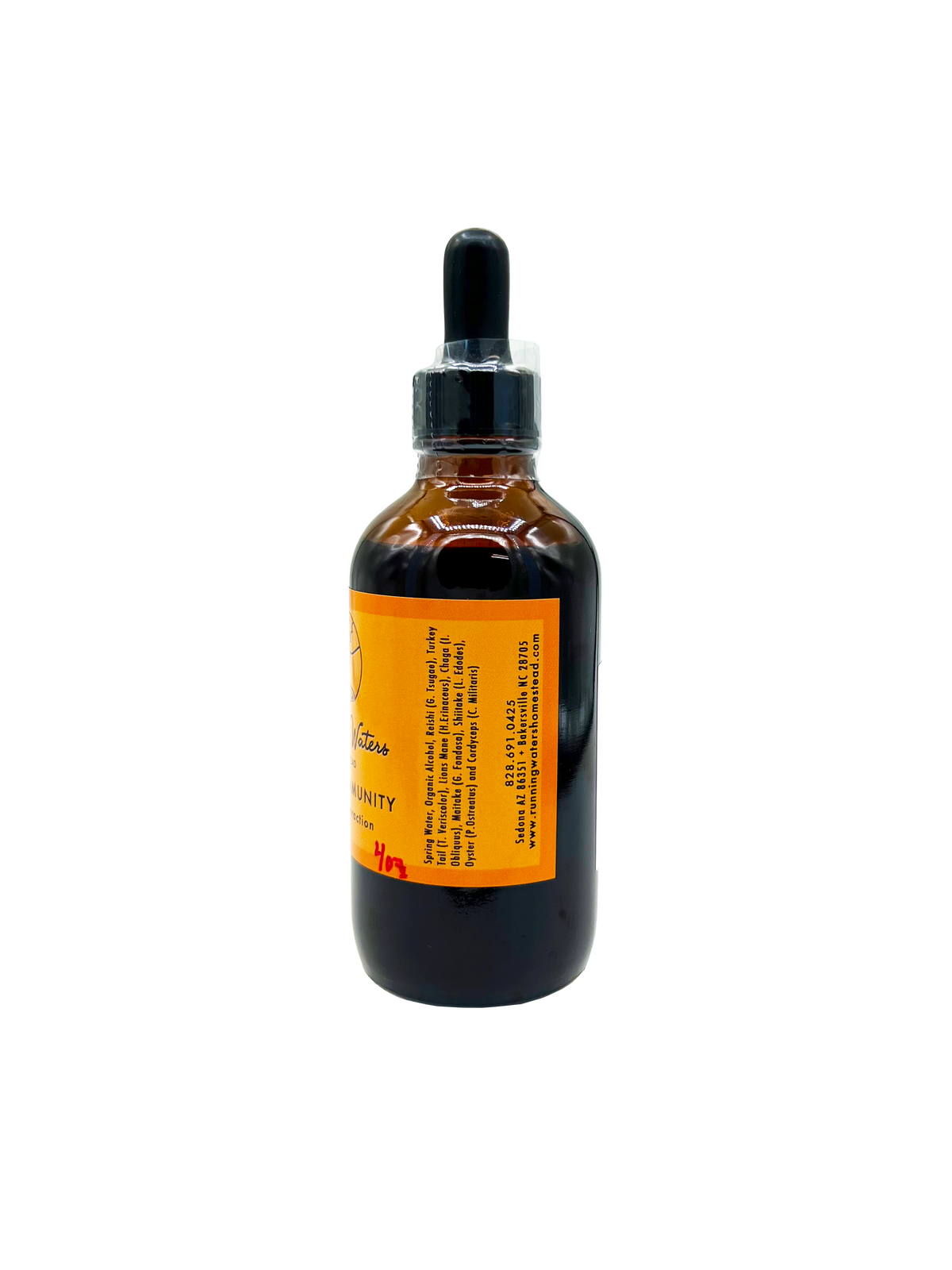 An amber glass dropper bottle with a black dropper cap and a bright orange label, shown against a plain white background.