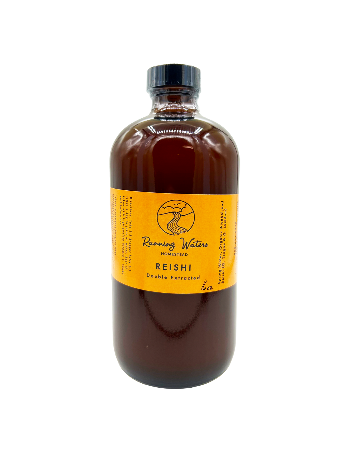 A 64 oz glass bottle of Running Waters Homestead Reishi Double Extracted mushroom liquid supplement, featuring a black cap and a bright orange label, shown against a plain white background.
