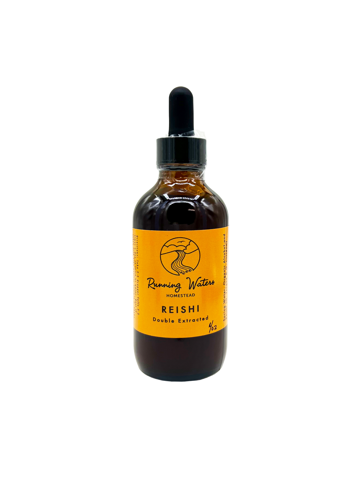 An amber glass dropper bottle of Running Water Homestead Reishi Double Extracted mushroom liquid supplement, featuring a bright yellow label and a black dropper cap, set against a plain white background.