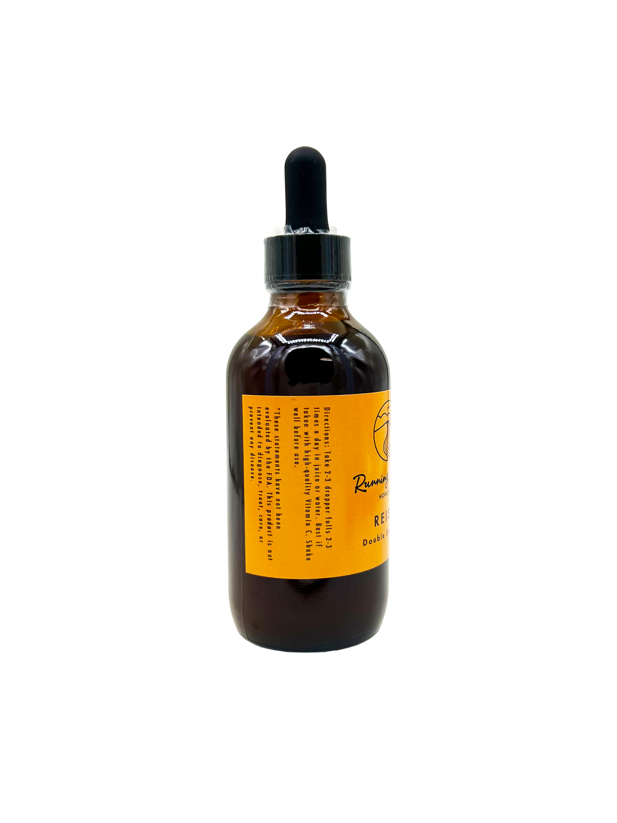 An amber glass dropper bottle with a black rubber bulb and a bright orange label, shown against a plain white background.