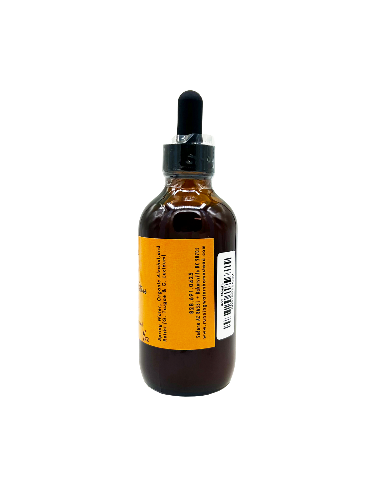 An amber glass dropper bottle with a black rubber bulb and a bright orange label, shown against a plain white background.