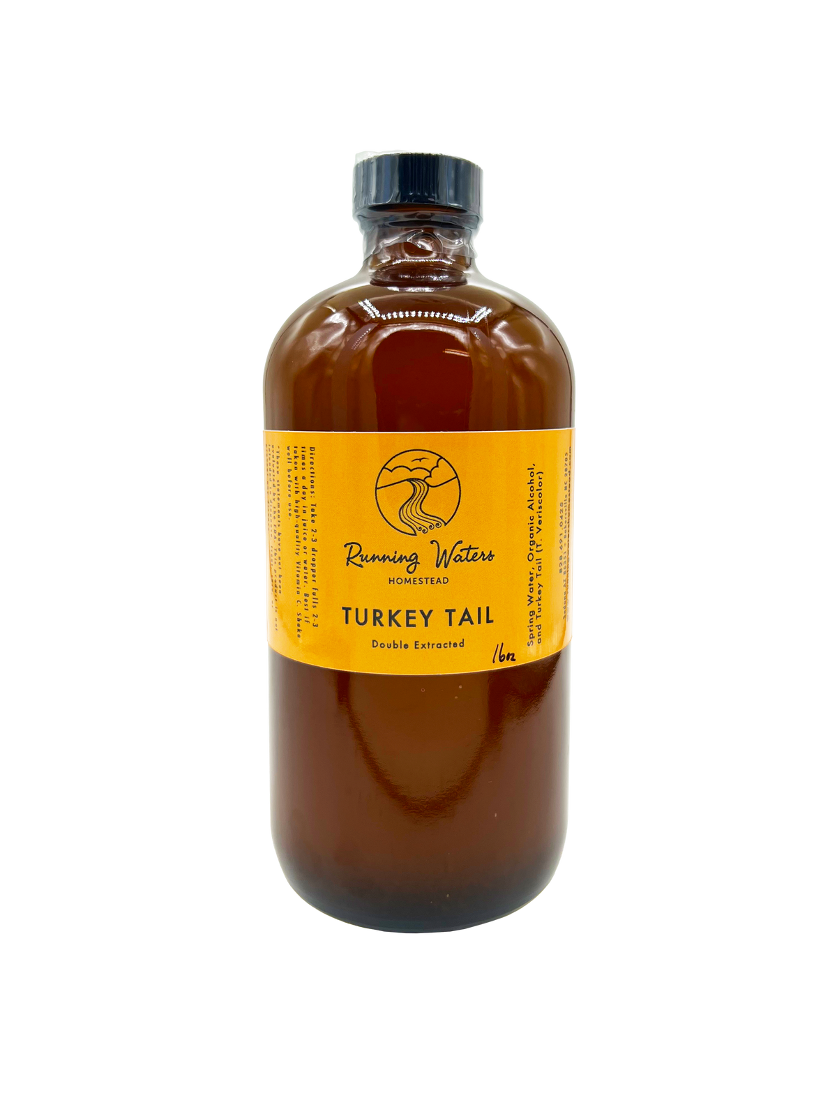 A 750ml amber glass bottle of Running Waters Distillery Turkey Tail double distilled spirit, featuring a bright yellow label and a black screw cap, set against a plain white background.