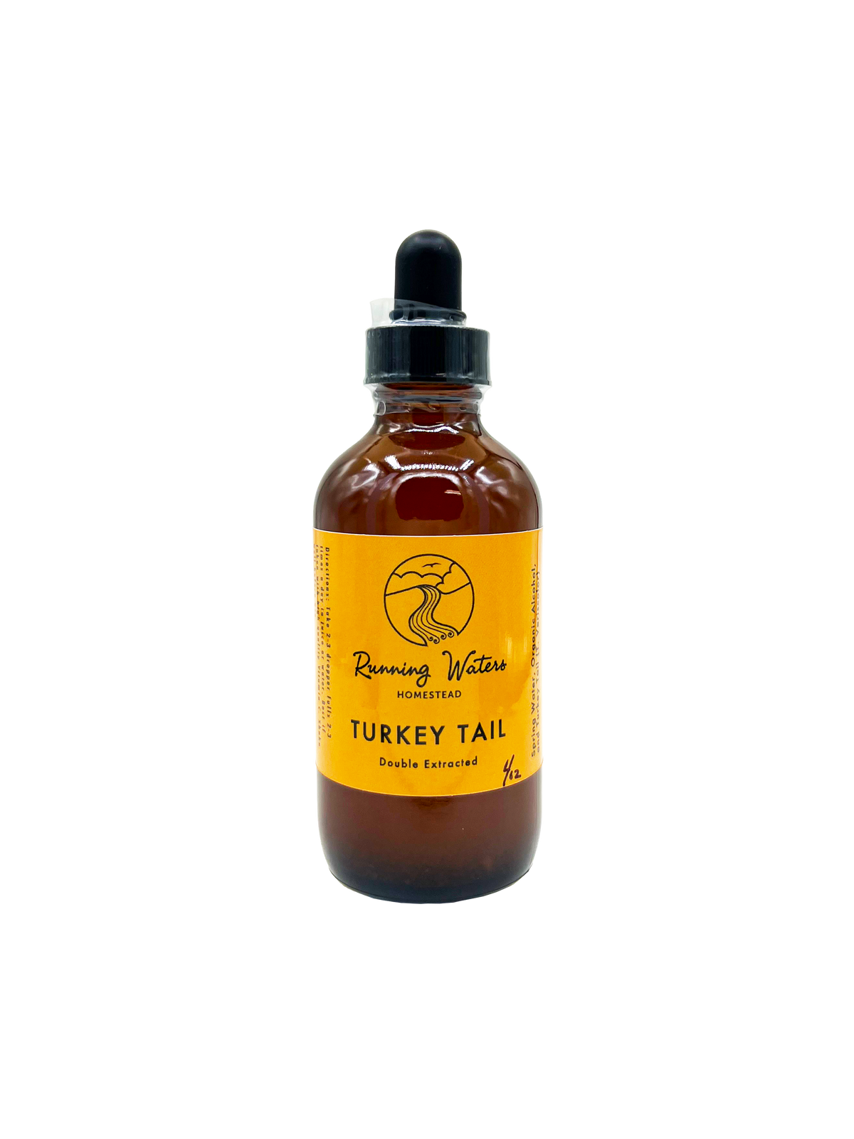 An amber glass dropper bottle of Running Water Homestead Turkey Tail smoke favoured liquid, featuring a bright yellow label and a black rubber dropper cap, set against a plain white background.