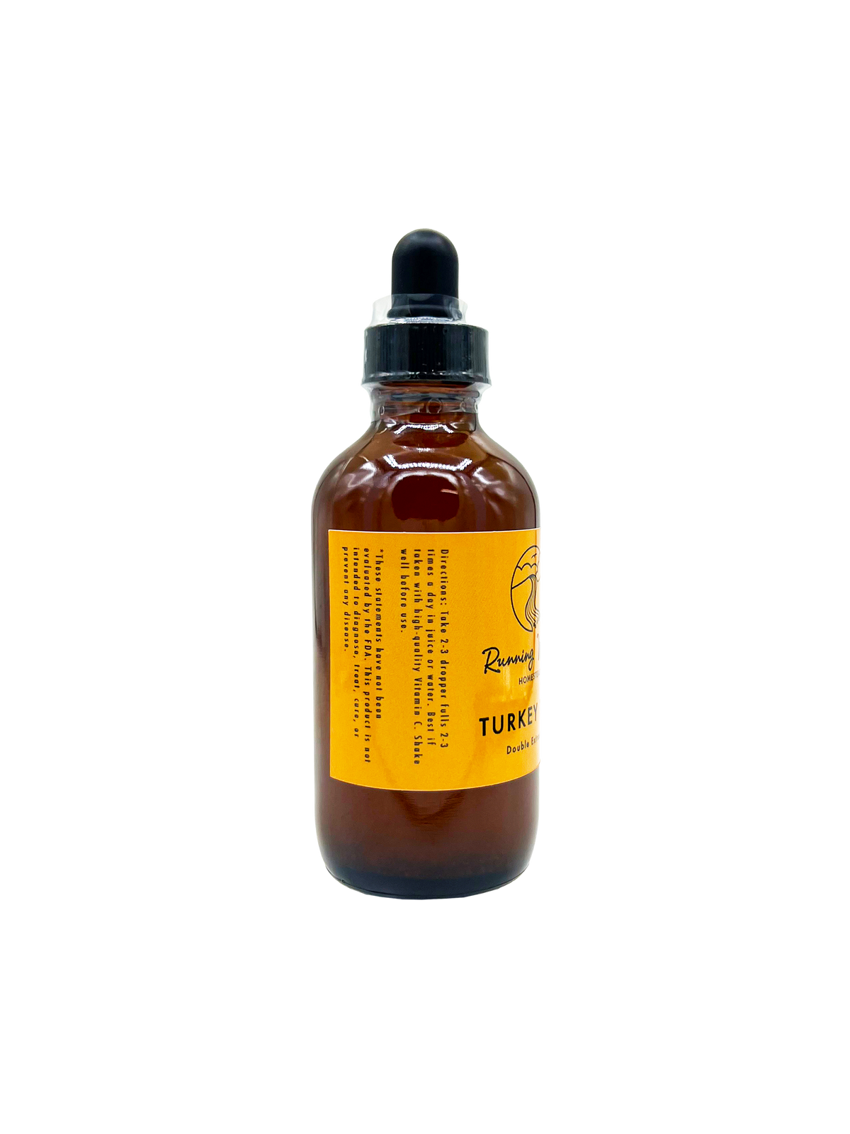 An amber glass dropper bottle with a bright yellow label and a black dropper cap, shown on a plain white background.
