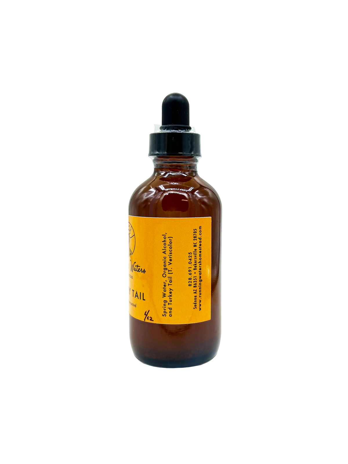 An amber glass dropper bottle with a black rubber bulb and black cap, featuring a bright yellow label with black text, set against a plain white background.