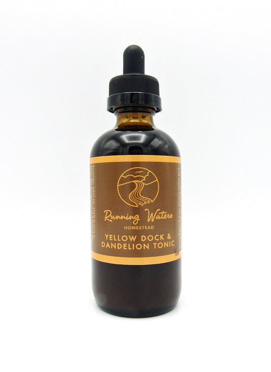 A bottle of Yellow Dock and Dandelion Tonic labeled as Organic Wild-Crafted with a volume of 4oz.